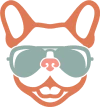 A stylized dog with big orange ears, teal sunglasses, a pink nose, and a black mustache.