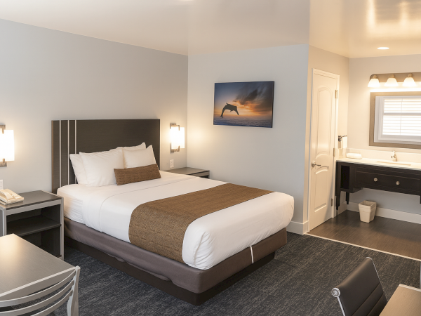 A modern hotel room with a king bed, two nightstands, a desk, and a separate vanity area with a mirror and sink, plus a chair and chair.