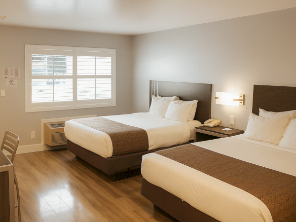 A tidy hotel room with two double beds, nightstands, a desk, and a window with blinds; warm lighting and neutral decor.