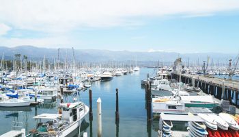 A harbor filled with boats and yachts, calm water, docks, and distant mountains; a sunny marina scene at lookout angle.